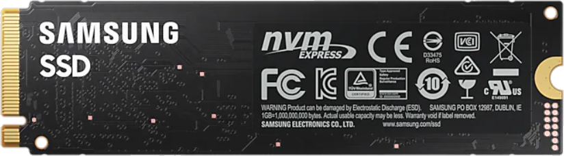 Egy fekete SSD a SAMSUNG logóval és különböző tanúsítványokkal.