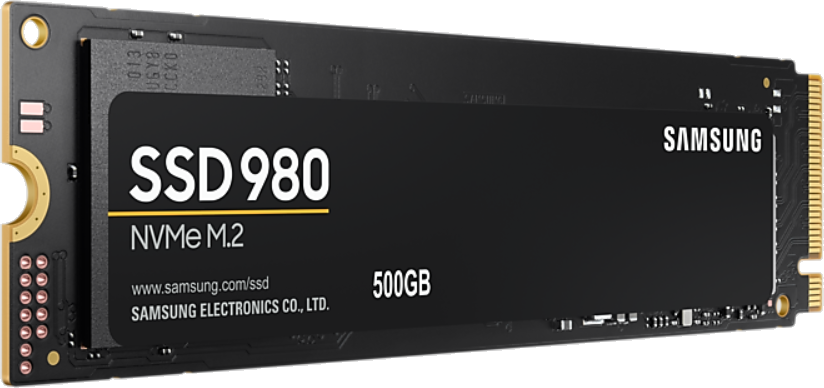 Fekete Samsung SSD 980 NVMe M.2 SSD, feliratozással a felületén.