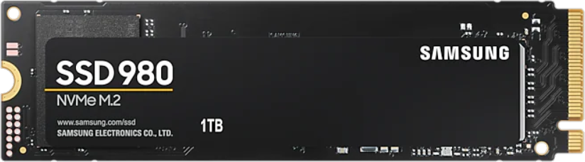 Fekete SSD Samsung logóval, SSD 980 NVMe M.2 modellel, 1TB kapacitással.