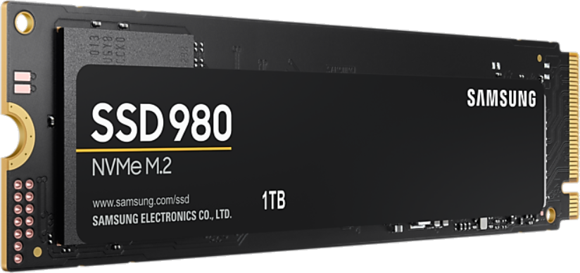 Egy fekete SSD 980 NVMe M.2 1TB tárolóeszköz. A márkanév a Samsung.