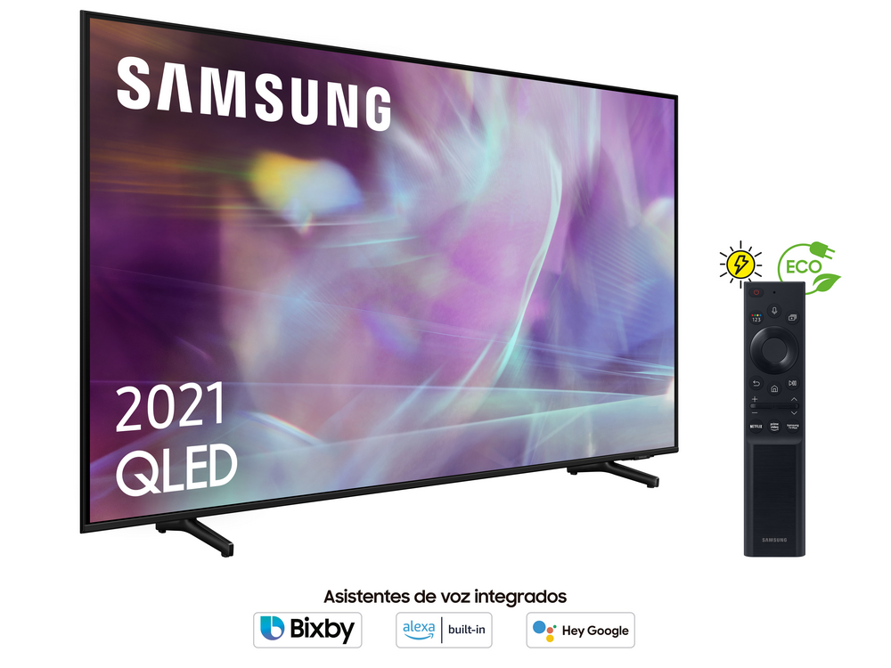 TV Samsung QLED con mando y icono Eco. Logos Bixby, Alexa y Google Assistant.