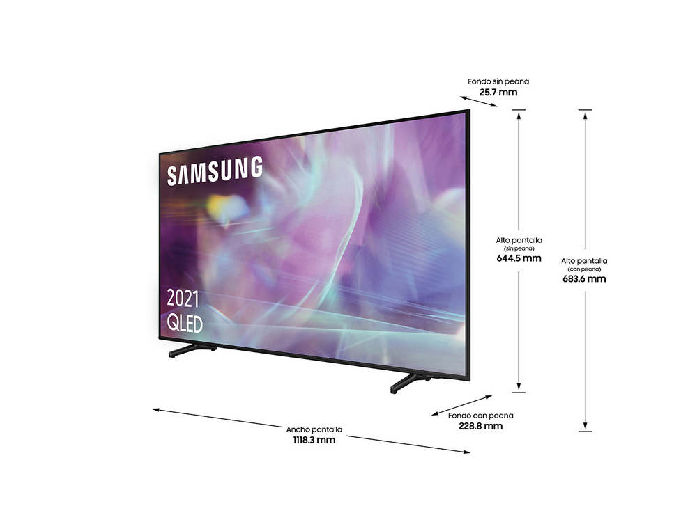 Televisor Samsung negro con pantalla clara. Dimensiones y texto visibles.