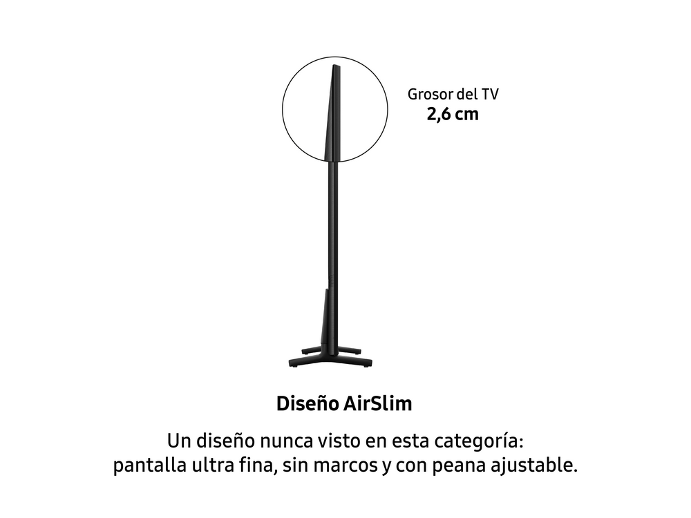 Perfil lateral de TV con texto que describe su diseño delgado.
