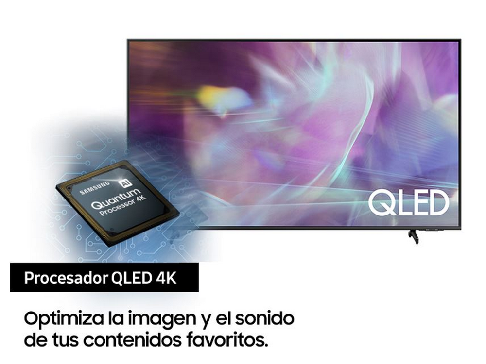 Un televisor Samsung QLED con el 'Procesador QLED 4K' y el texto 'Optimiza la imagen y el sonido'.