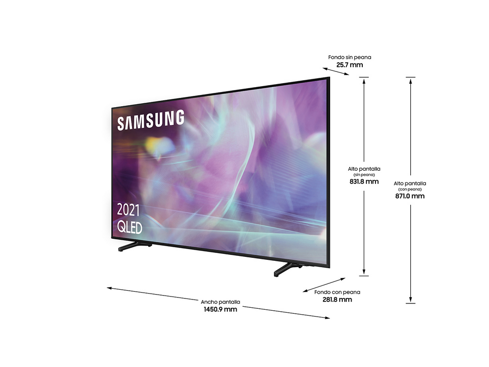 Televisor QLED Samsung negro. Muestra el televisor con medidas de ancho y altura.
