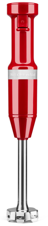 A red KitchenAid hand blender, with a silver blending head and a power button.