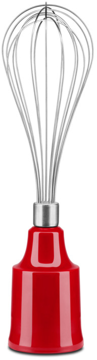 Red whisk with a red handle. The whisk is stainless steel.