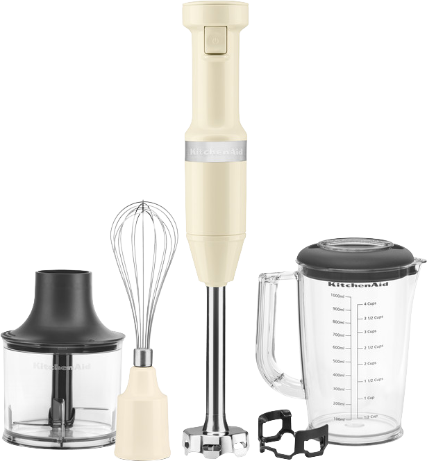 KitchenAid staafmixer set, inclusief een mengstaaf, garde en maatbeker.
