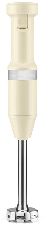 Ivoor KitchenAid staafmixer. Hij staat rechtop, met een knop bovenop en een metalen mengas.