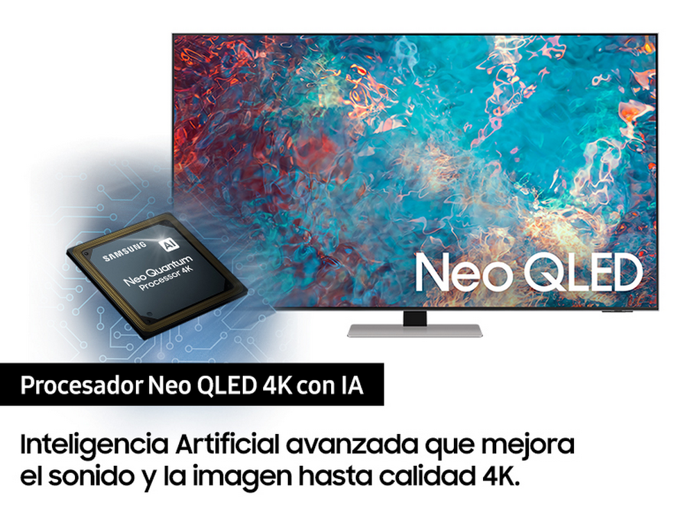 Pantalla de TV y procesador. Texto: "Procesador Neo QLED 4K con IA".
