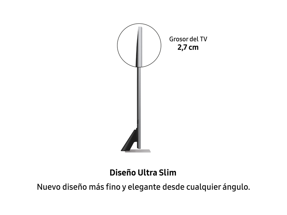 Televisor delgado con perfil lateral y texto sobre grosor y diseño ultra delgado.