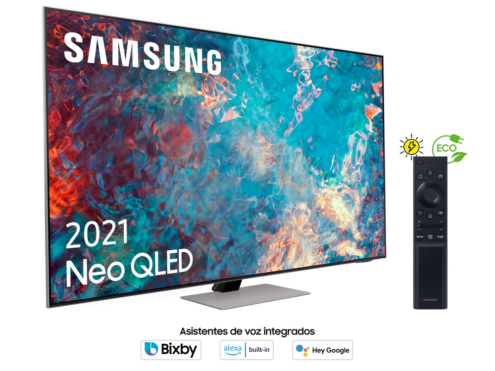 TV Samsung Neo QLED con mando. Muestra iconos de asistente de voz. Modelo 2021.