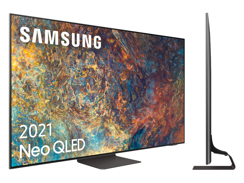 Un televisor Samsung Neo QLED con las palabras 2021 Neo QLED. La vista lateral muestra el perfil delgado del televisor.