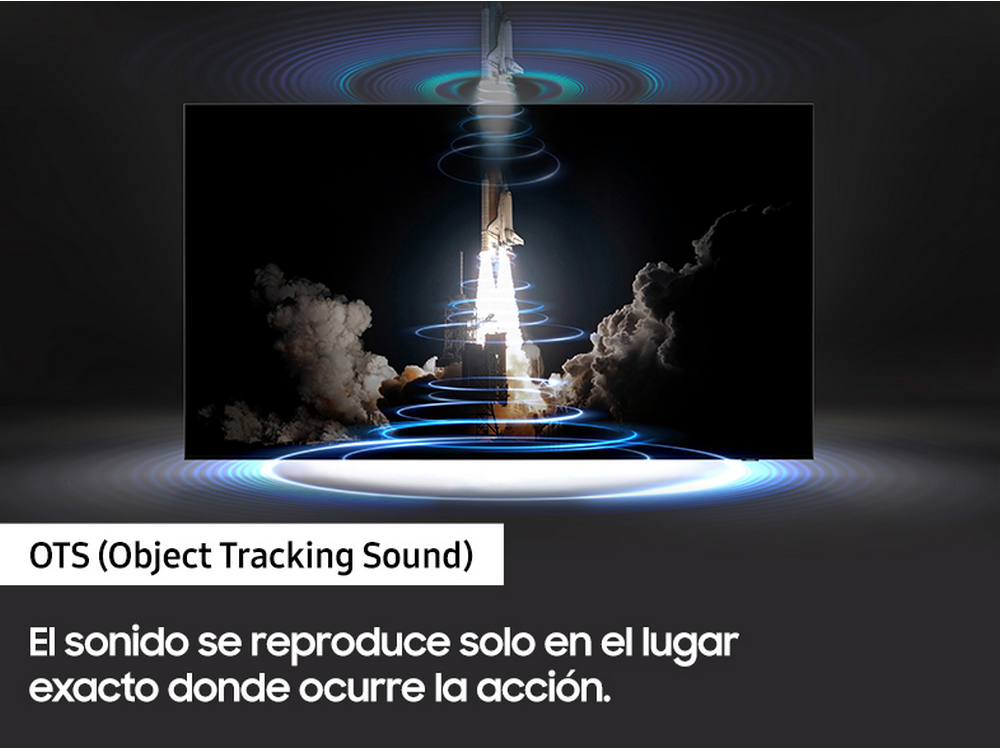 Pantalla de TV mostrando lanzamiento de cohete con ondas sonoras. Texto: OTS (Sonido de Seguimiento de Objetos).