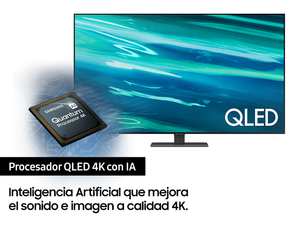 Un TV QLED con procesador QLED 4K con IA, y texto en español.