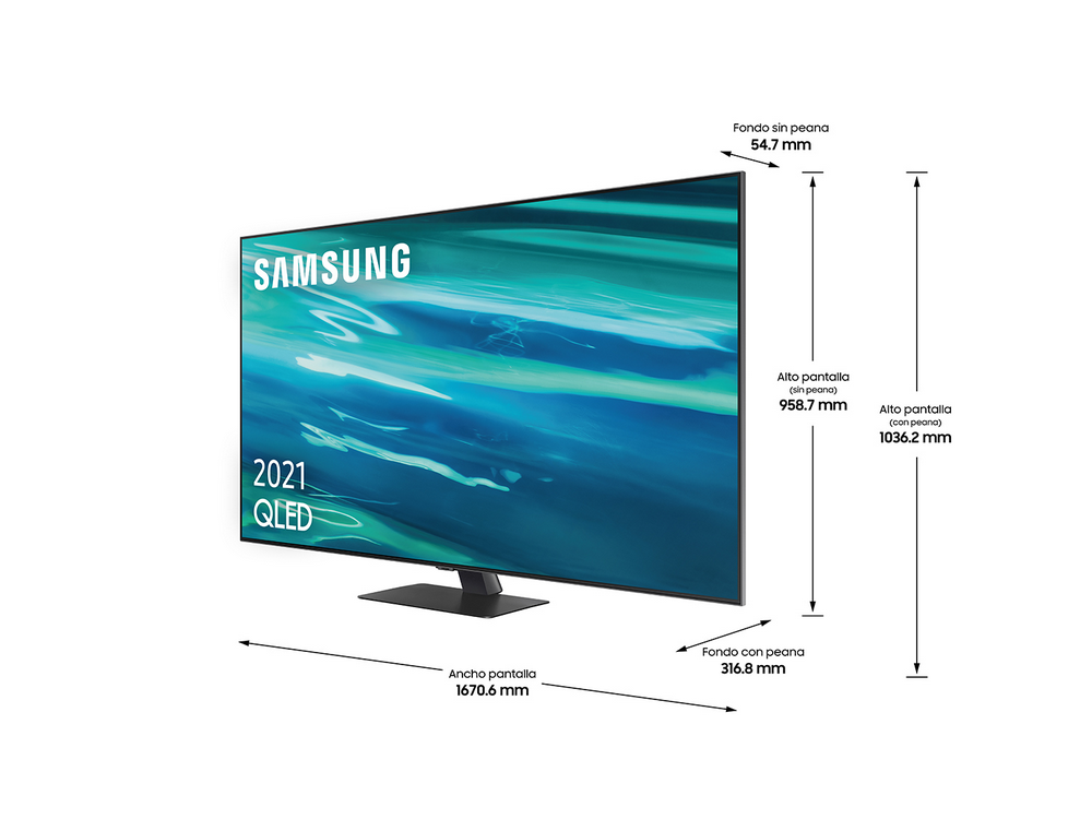 Televisor Samsung que muestra dimensiones y especificaciones. Incluye medidas en mm.