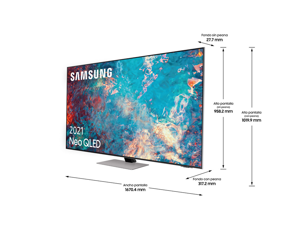 TV Samsung con dimensiones, texto blanco en pantalla.