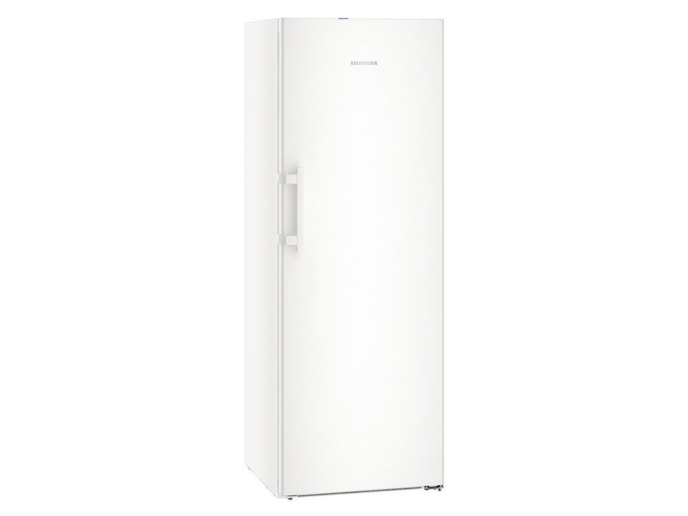 Congelador blanco Liebherr. Manija en el lado izquierdo de la puerta. Fondo blanco.