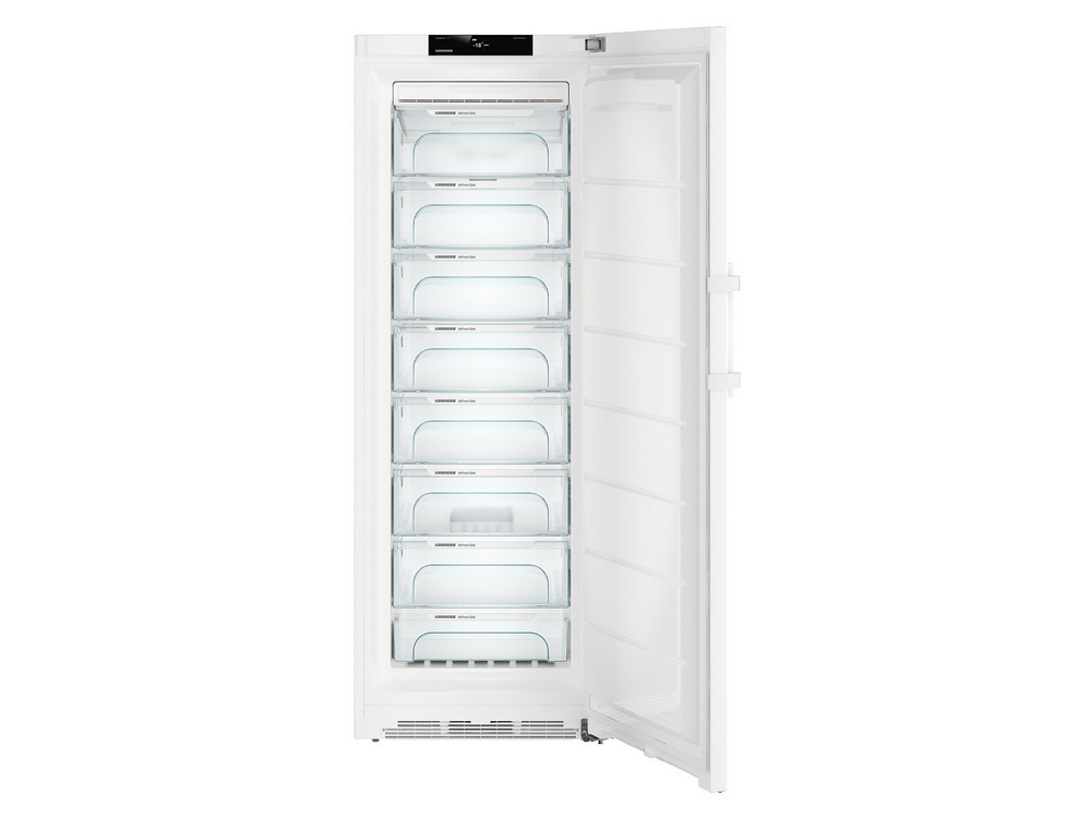 Refrigerador blanco abierto, revelando siete cajones transparentes. La puerta está a la derecha.
