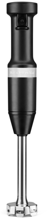 A black KitchenAid hand blender on a white background. It has a silver blending arm.