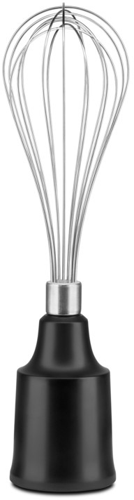A black hand blender with a stainless steel whisk attachment, white background.