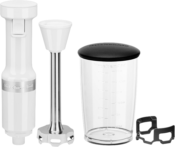 Witte Kitchenaid staafmixer onderdelen: motor, mengarm en maatbeker.
