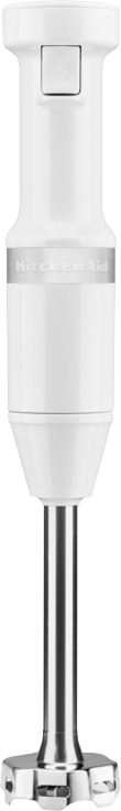 Witte KitchenAid staafmixer. Roestvrijstalen mes aan de onderkant. Witte behuizing met logo.