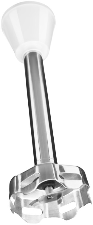 Close-up van het menguiteinde van een staafmixer met metalen messen.