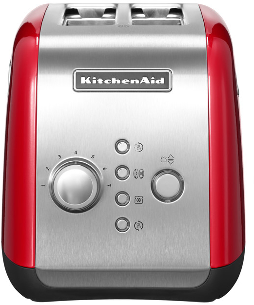 Red and silver KitchenAid toaster. It has settings for toasting and other functions.