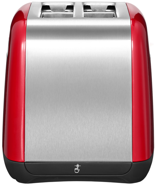 A red and silver toaster. It has two slots for bread and a touch-sensitive button below.