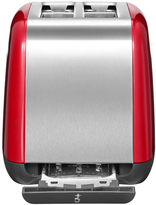 Red and silver toaster, front view. The bread slot is open.