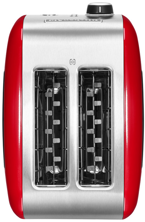 Red and silver KitchenAid toaster, top view. Two slots for toasting.