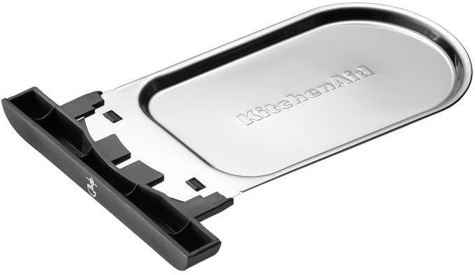 Stainless steel KitchenAid tray with a black plastic handle and a KitchenAid logo.