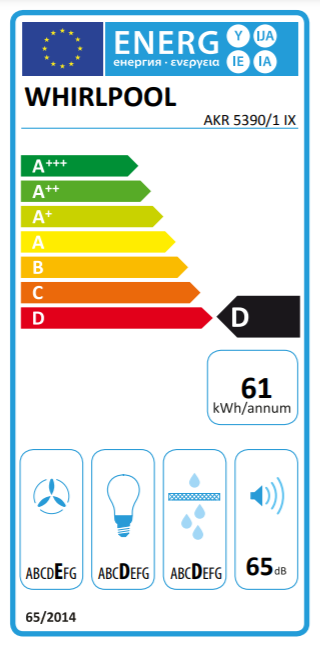 Energiahatékonysági címke egy Whirlpool készülékhez.