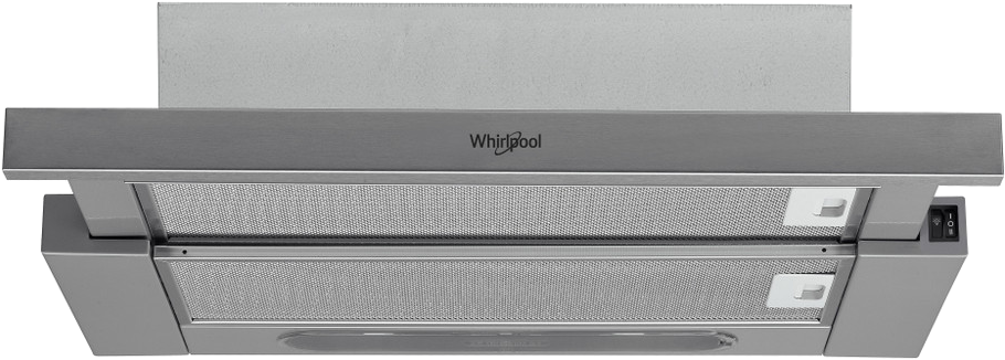 Rozsdamentes acél Whirlpool páraelszívó. Téglalap alakú, hálós szűrővel.