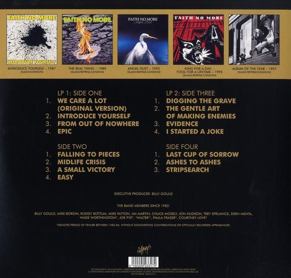 Album borító több Faith No More album borítóval és számlistával. Arany háttér és zenekari információk.