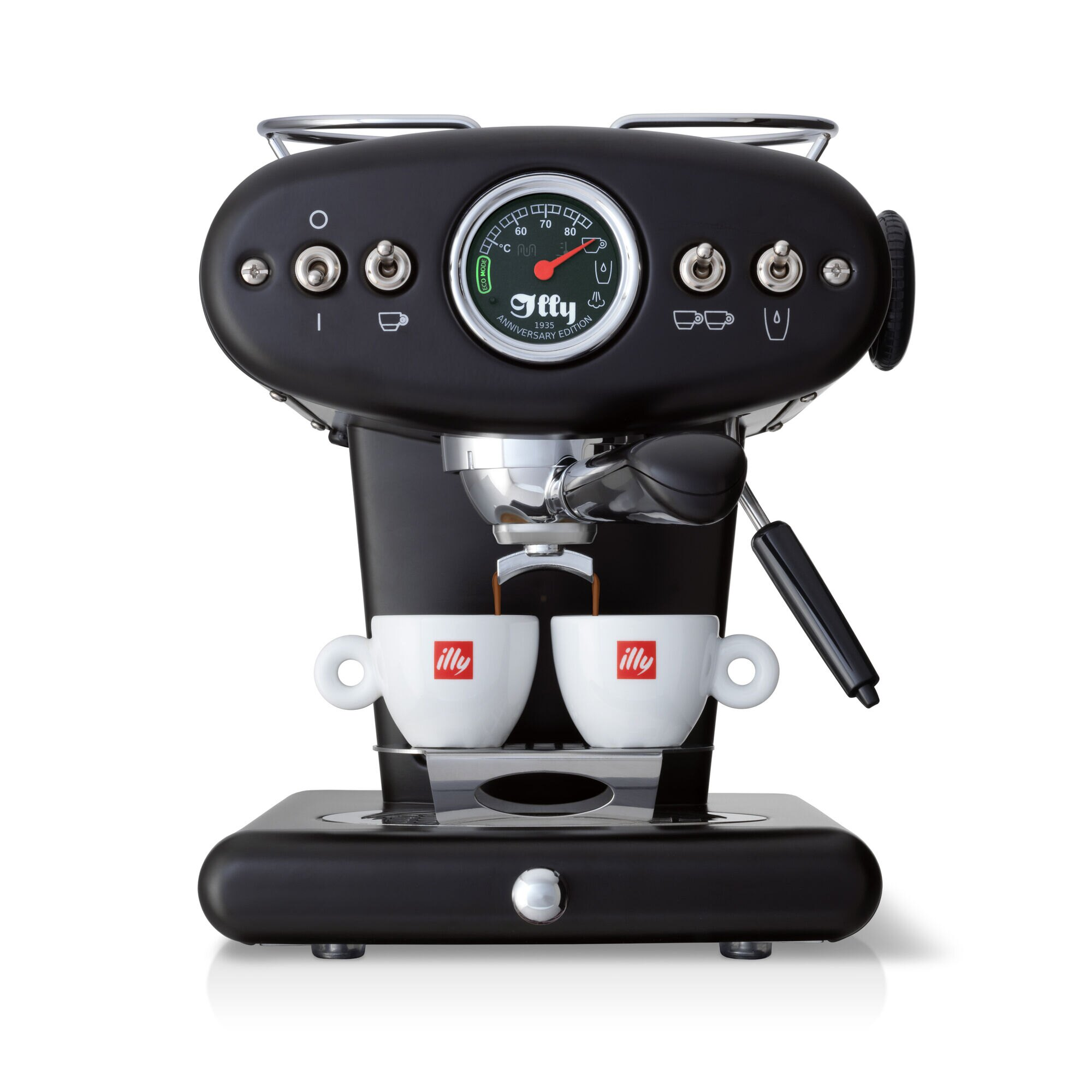Schwarze Illy Espressomaschine, zwei Tassen, mit kreisförmiger Anzeige. Das Design ist modern und schlank.