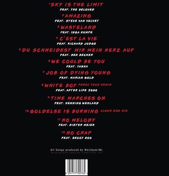 Albumcover mit Titelliste. Songnamen und Interpreten in roter und weißer Schrift.