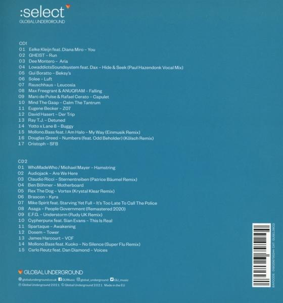 CD-Label mit Titelliste und Künstlerinfo. Die Marke ist :select Global Underground.