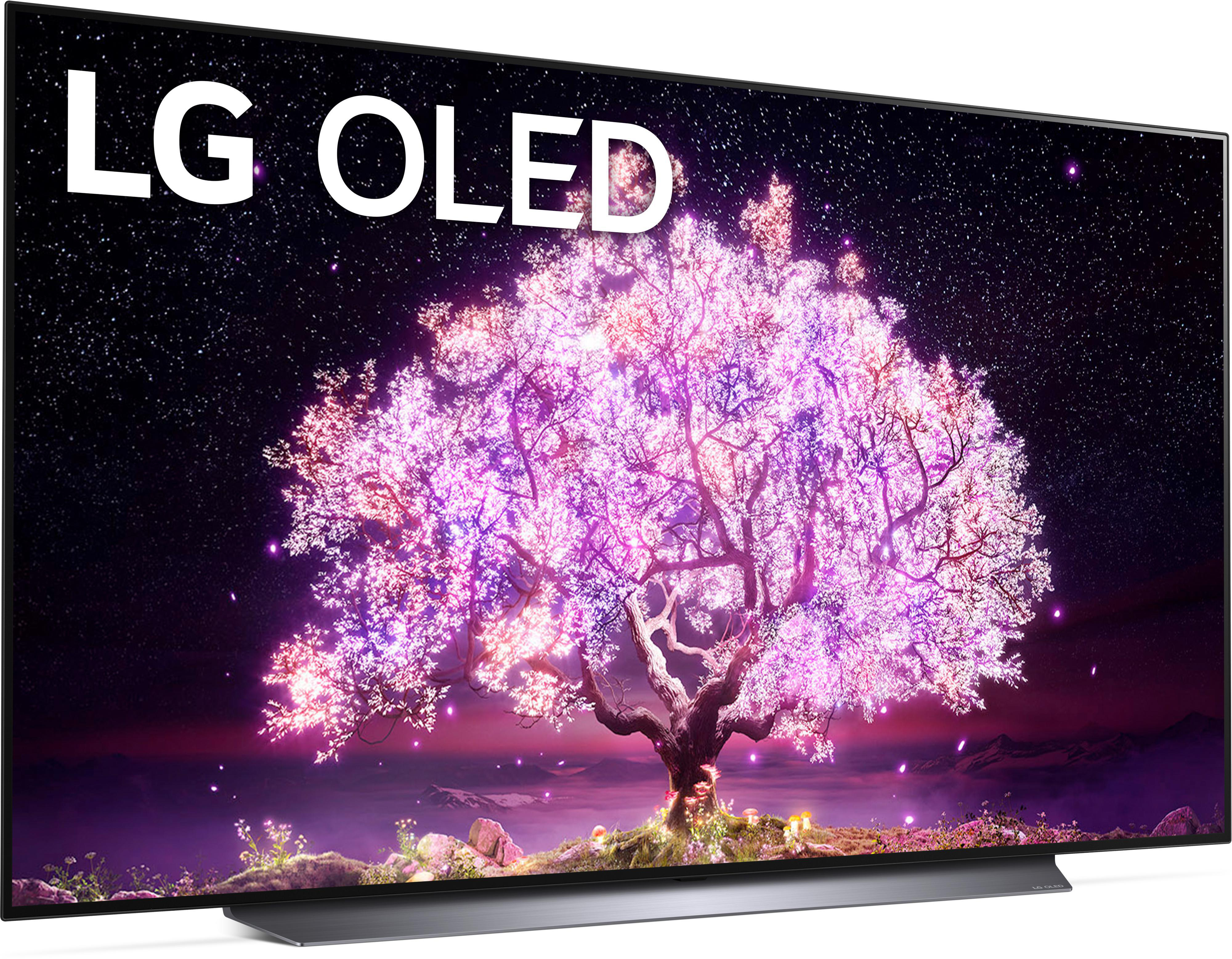 LG OLED-Fernseher, der einen Baum mit rosa und lila Blüten zeigt. LG OLED-Logo sichtbar.