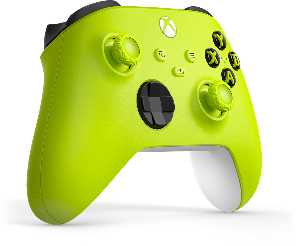 Ein limettengrüner Xbox-Controller mit schwarzen Knöpfen und weißer Basis auf schwarzem Grund.