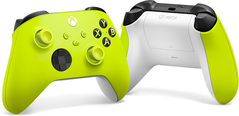 Zwei neongrüne und schwarze Xbox-Controller. Einer ist nach vorne gerichtet, der andere zeigt die Rückseite.