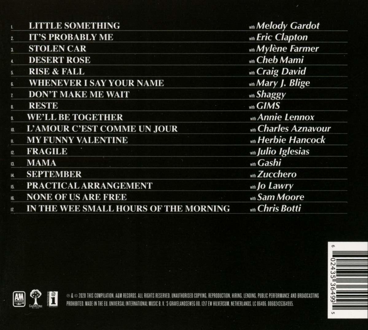 Pochette de CD avec une liste des titres. Le texte énumère les titres des chansons et les artistes sur fond sombre.