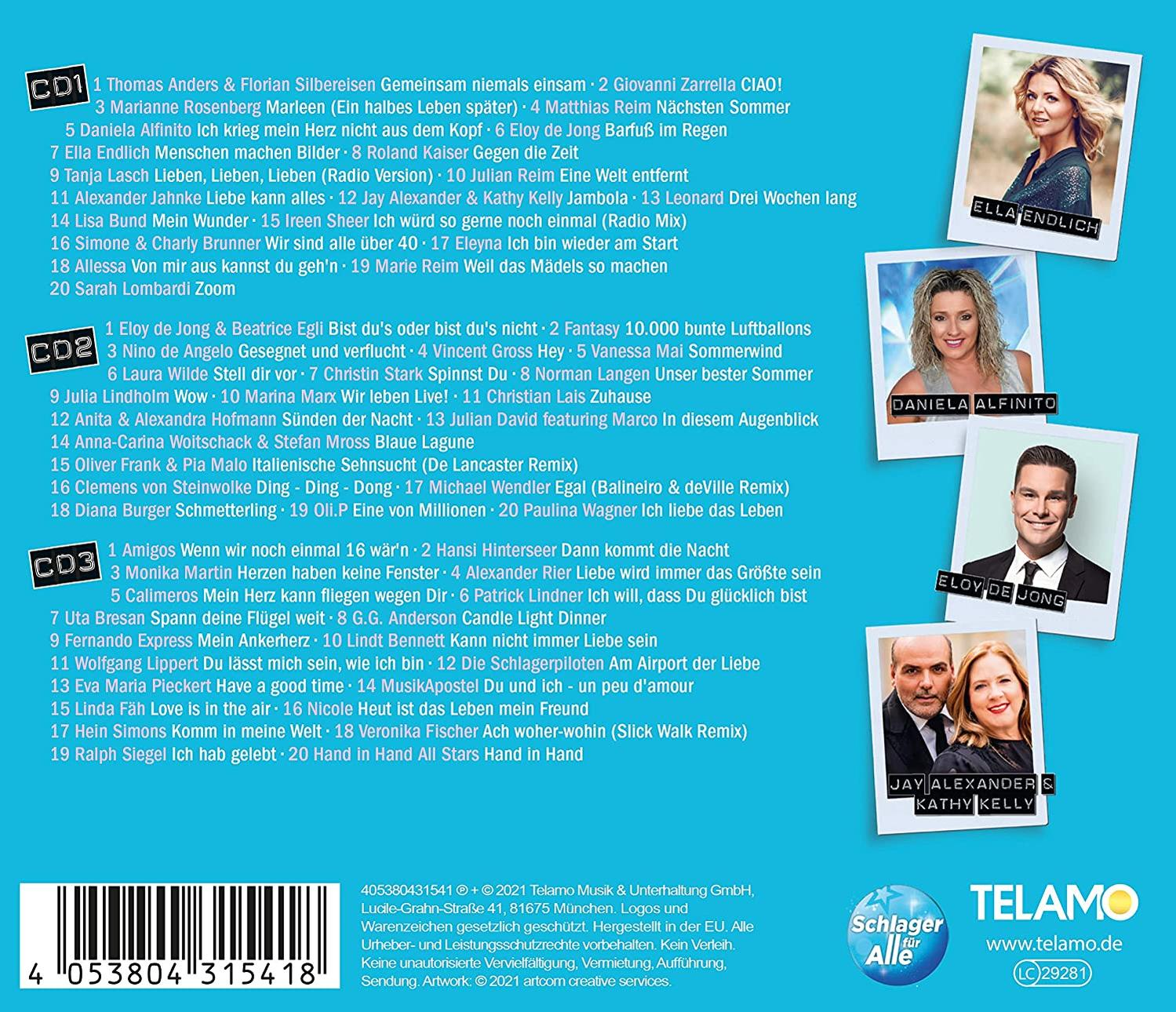 CD-Albumcover mit drei Künstlern, Albumtiteln und Titellisten. Der Hintergrund hat einen blauen Farbverlauf.
