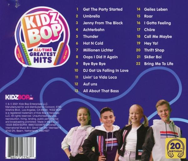 CD-Cover mit Kidz Bop-Logo, Titelliste und Bildern von vier Kindern.