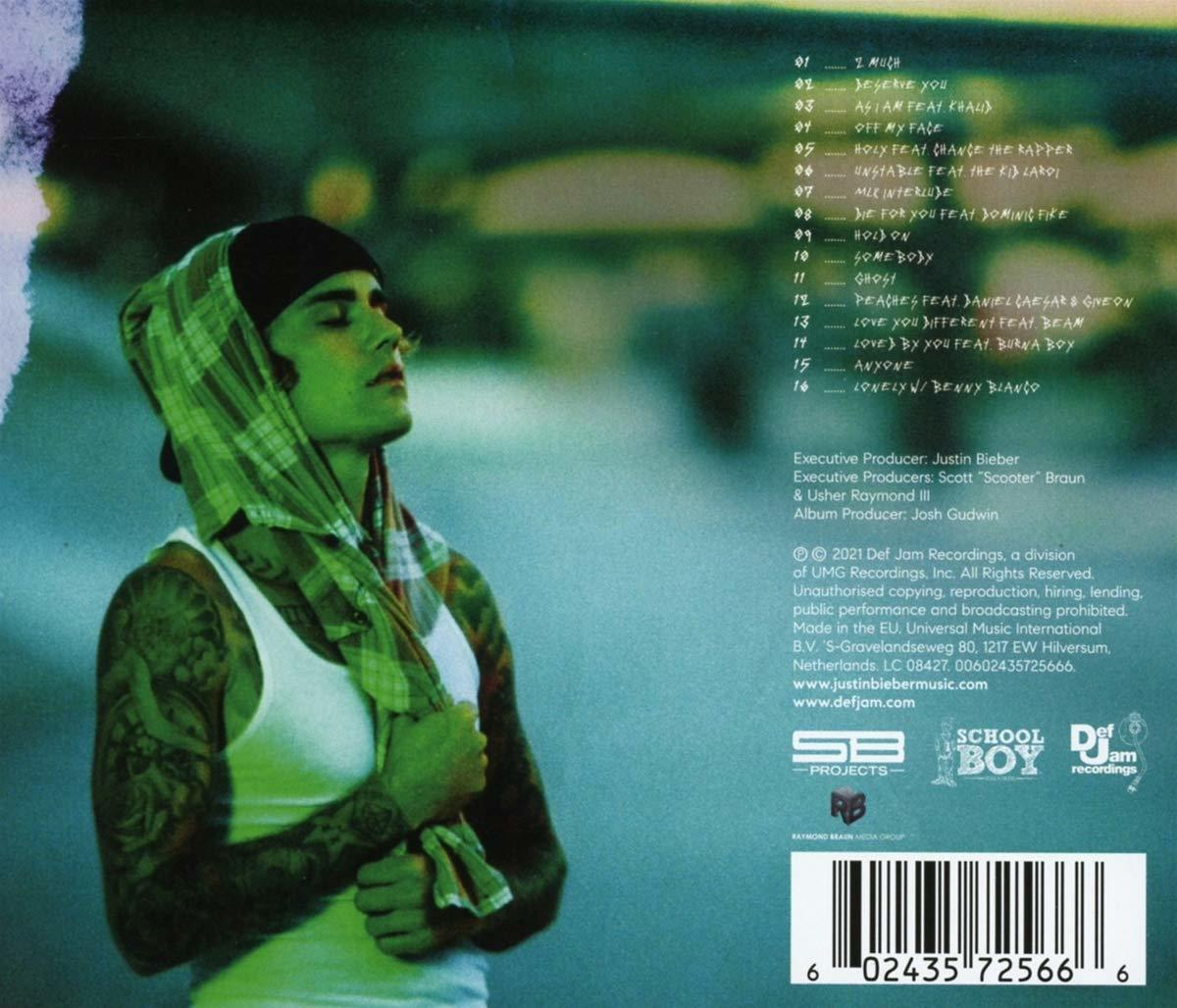 Rückseite eines Justin Bieber CD-Covers mit Titelliste und Bild von Justin.
