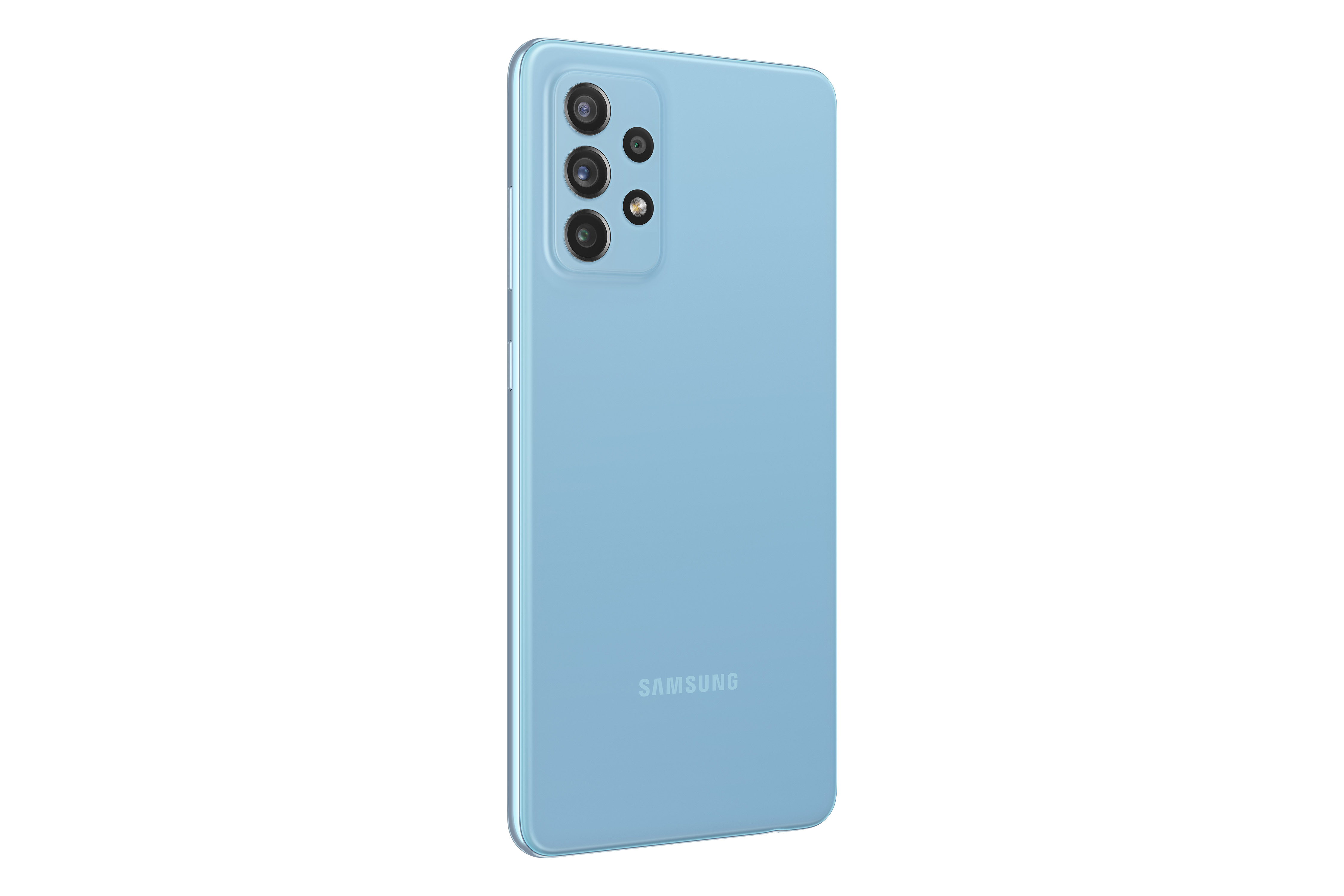 Beyaz bir arka plan üzerinde mavi Samsung A52 cep telefonu.