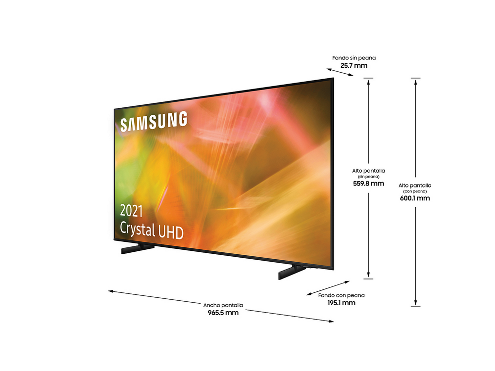 TV Samsung en vista en ángulo. Muestra pantalla y dimensiones en mm.