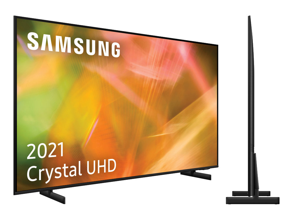 Un televisor Samsung 2021 Crystal UHD. La pantalla muestra un patrón colorido. El televisor tiene un marco delgado.