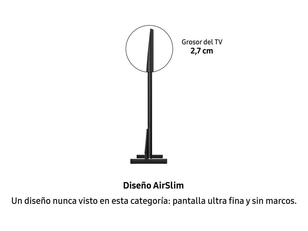 Vista lateral de un televisor negro que muestra su grosor, con texto en español sobre el diseño.